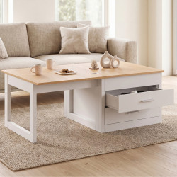 Table basse extensible et relevable en table à manger e120 cm 2 modules avec 2 tiroirs blanc et bois