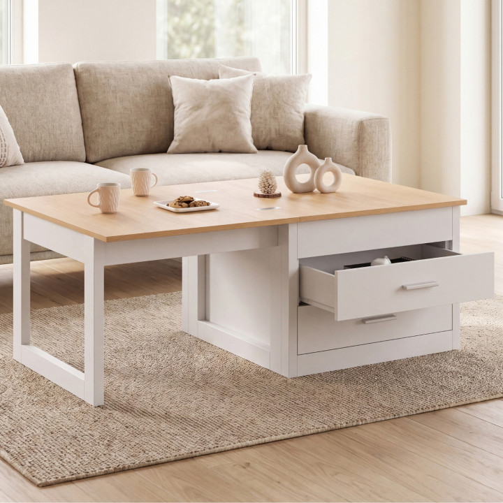 Ausziehbarer Couchtisch, der sich zum Esstisch ausklappen lässt: AMAYA, 120 cm, 2 Module, mit 2 Schubladen, weiß und Holz