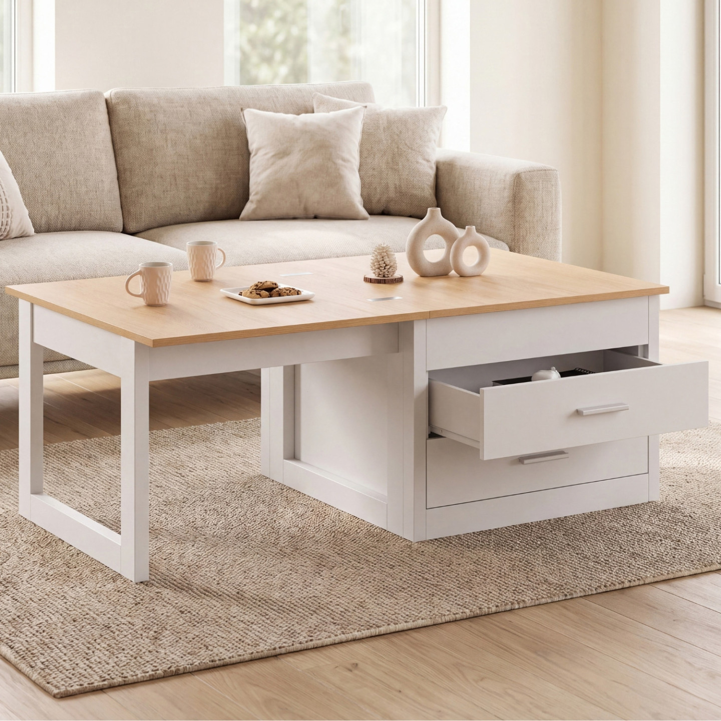 Ausziehbarer Couchtisch, der sich zum Esstisch ausklappen lässt: AMAYA, 120 cm, 2 Module, mit 2 Schubladen, weiß und Holz