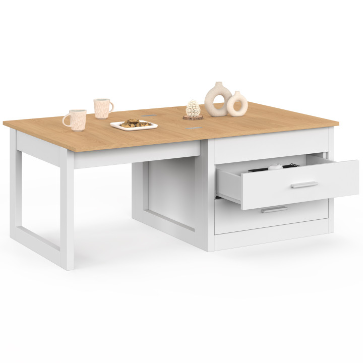 Ausziehbarer Couchtisch, der sich zum Esstisch ausklappen lässt: AMAYA, 120 cm, 2 Module, mit 2 Schubladen, weiß und Holz