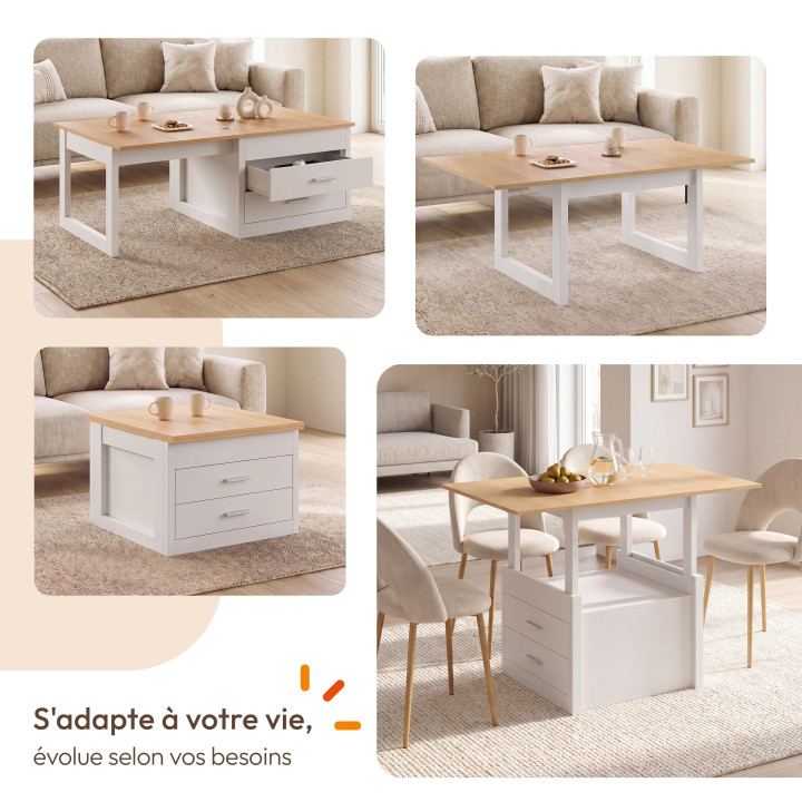 Ausziehbarer Couchtisch, der sich zum Esstisch ausklappen lässt: AMAYA, 120 cm, 2 Module, mit 2 Schubladen, weiß und Holz