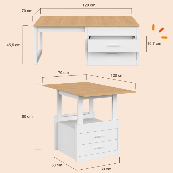 Ausziehbarer Couchtisch, der sich zum Esstisch ausklappen lässt: AMAYA, 120 cm, 2 Module, mit 2 Schubladen, weiß und Holz