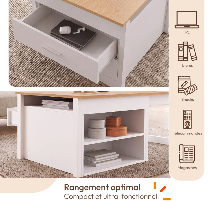Ausziehbarer Couchtisch, der sich zum Esstisch ausklappen lässt: AMAYA, 120 cm, 2 Module, mit 2 Schubladen, weiß und Holz