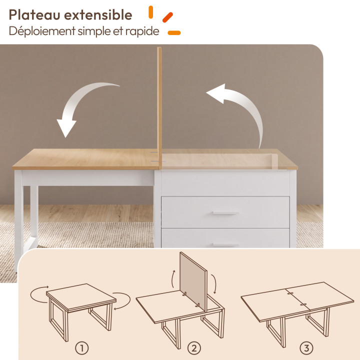 Mesa de centro extensible y convertible en mesa de comedor AMAYA de 120 cm, 2 módulos, con 2 cajones, en blanco y madera