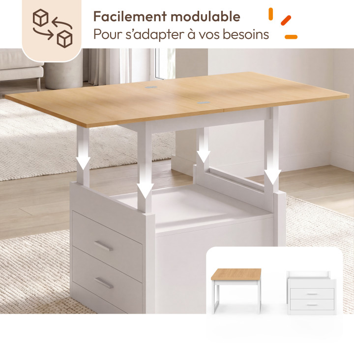 Mesa de centro extensible y convertible en mesa de comedor AMAYA de 120 cm, 2 módulos, con 2 cajones, en blanco y madera