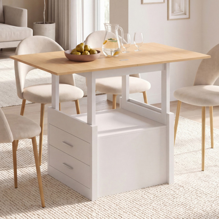 Mesa de centro extensible y convertible en mesa de comedor AMAYA de 120 cm, 2 módulos, con 2 cajones, en blanco y madera