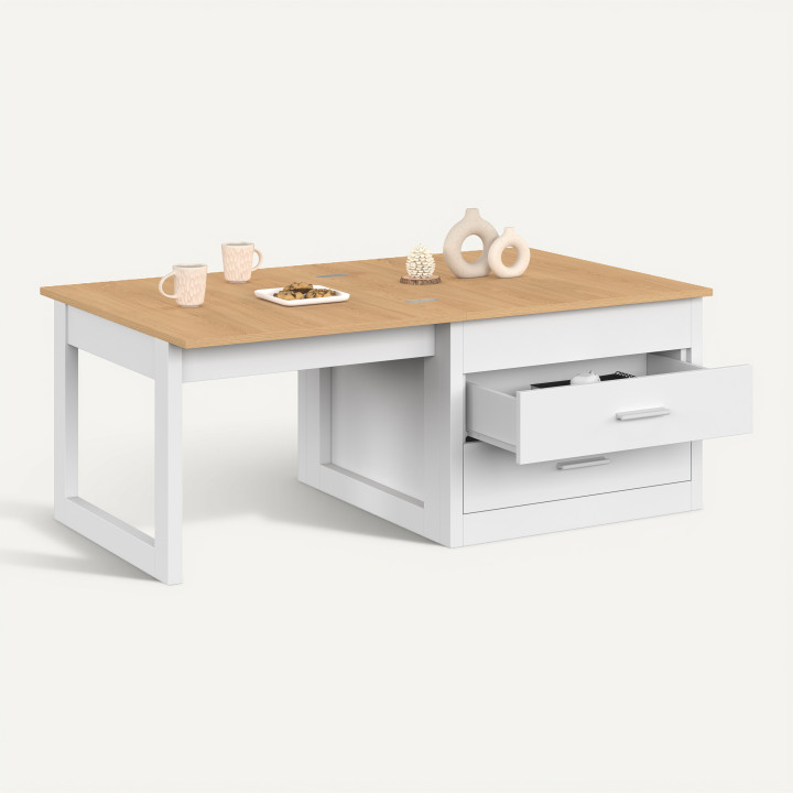 Mesa de centro extensible y convertible en mesa de comedor AMAYA de 120 cm, 2 módulos, con 2 cajones, en blanco y madera