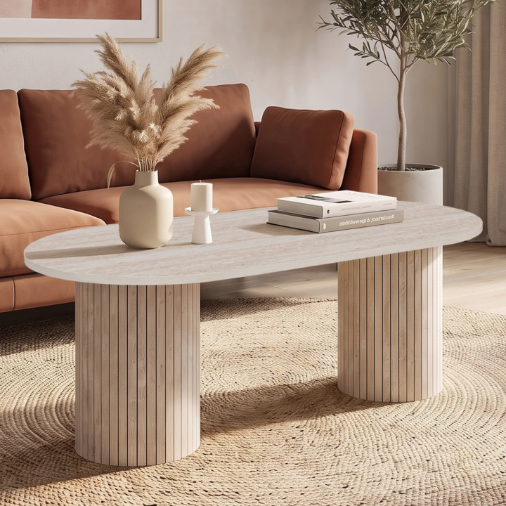 Table basse ovale JULIETTE 100 cm pieds cylindriques effet lattes travertin