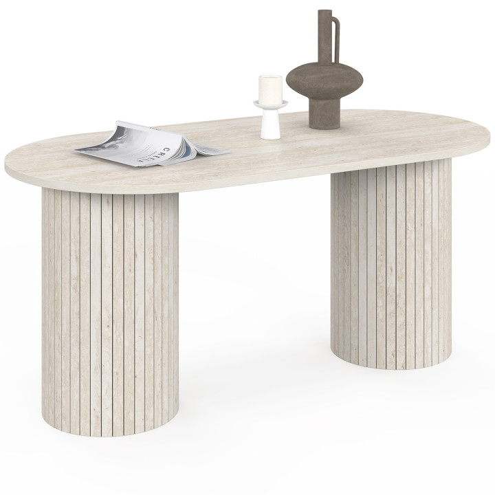 Ovaler Couchtisch JULIETTE 100 cm Zylinderbeine Effekt Travertinlatten