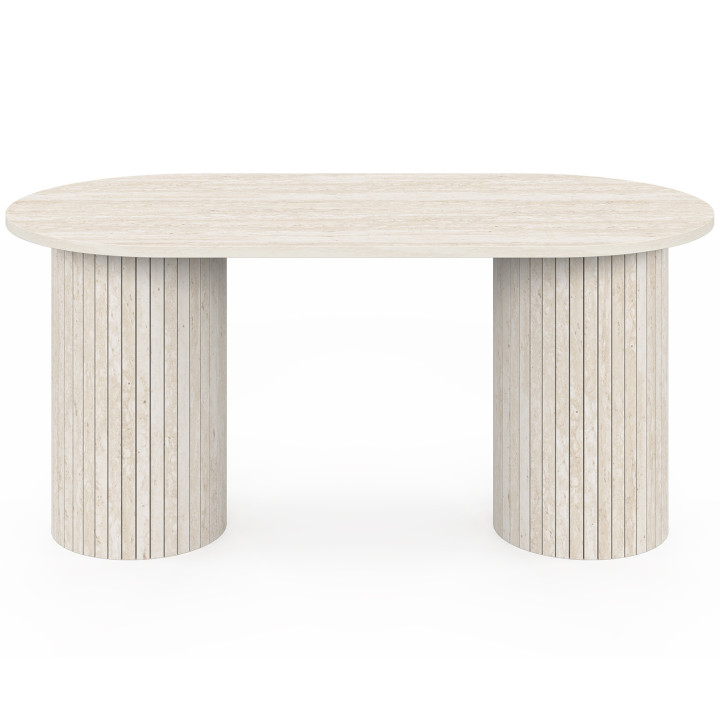 Table basse ovale JULIETTE 100 cm pieds cylindriques effet lattes travertin
