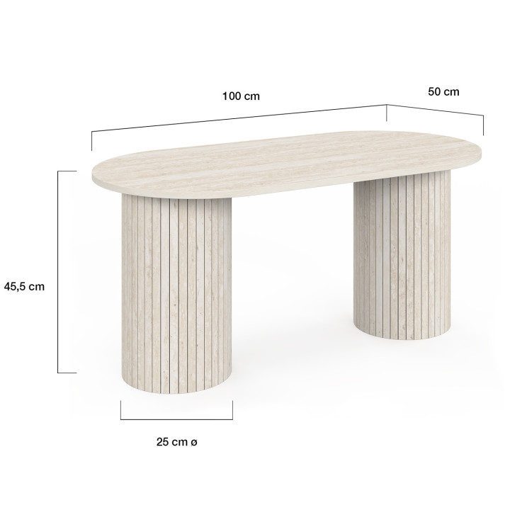Mesa de centro ovalada JULIETTE de 100 cm con patas cilíndricas y efecto lamas de travertino