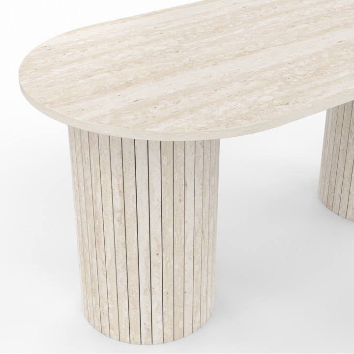 Table basse ovale JULIETTE 100 cm pieds cylindriques effet lattes travertin