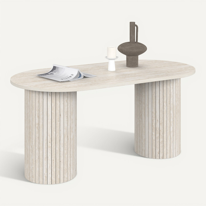 JULIETTE ovale salontafel 100 cm met cilindrische poten en travertin lamelleneffect