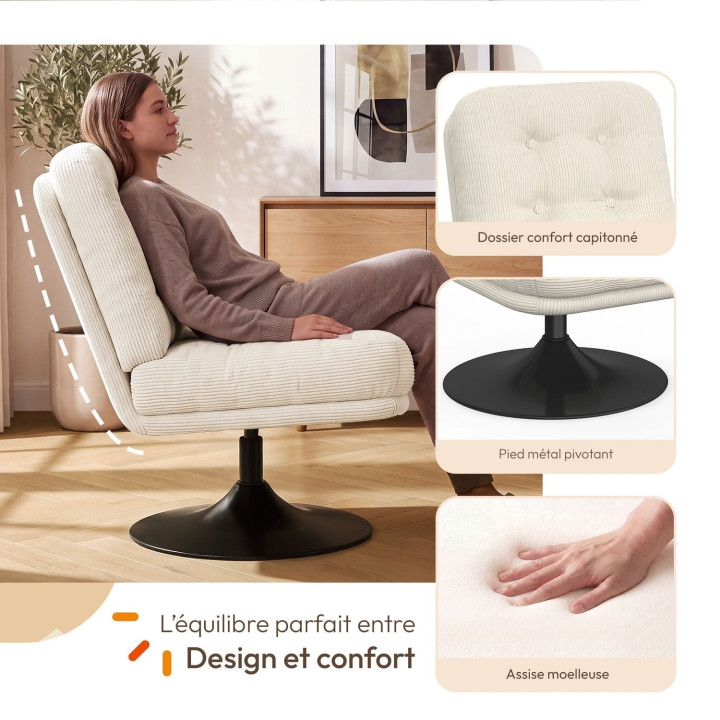 Poltrona girevole ALFRED in velluto a coste beige con base a tulipano in metallo nero
