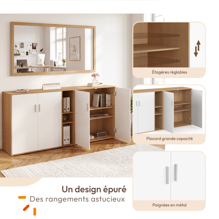 Conjunto de 2 armarios bajos de oficina MARIA, con 4 puertas y nichos, en madera y blanco