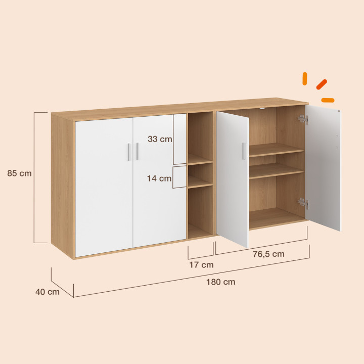 Conjunto de 2 armarios bajos de oficina MARIA, con 4 puertas y nichos, en madera y blanco