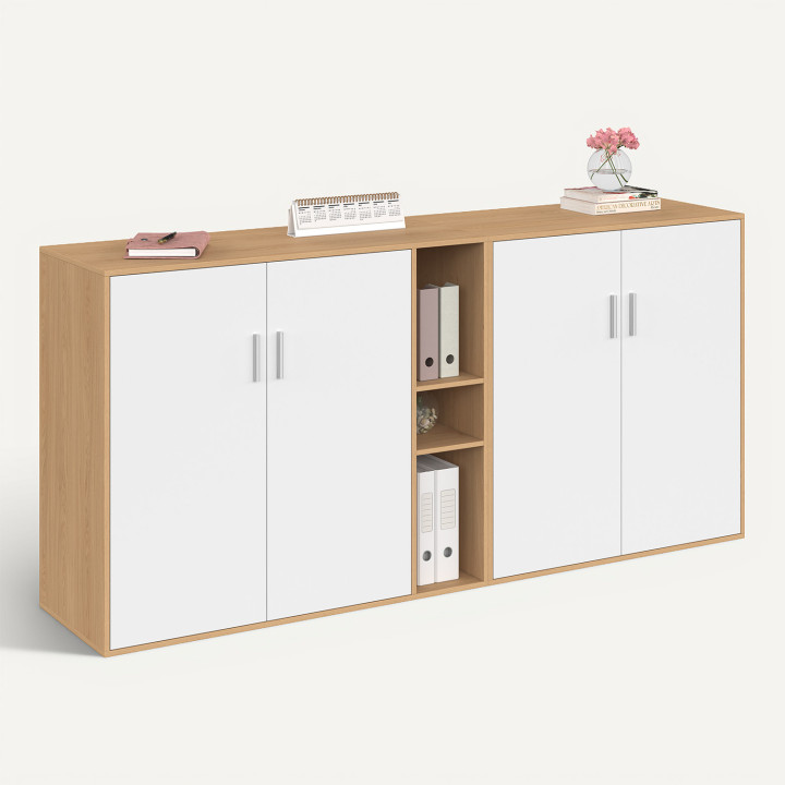 Set di 2 mobili bassi da ufficio MARIA a 4 ante e nicchie, in legno e bianco