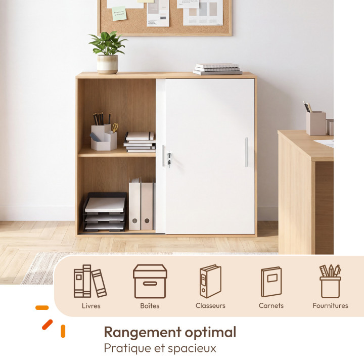 Armoire basse de bureau 2 portes coulissantes verrouillables MARIA façon hêtre et blanc