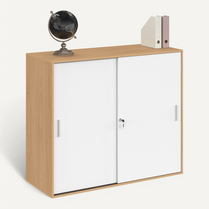 Armoire basse de bureau 2 portes coulissantes verrouillables MARIA façon hêtre et blanc