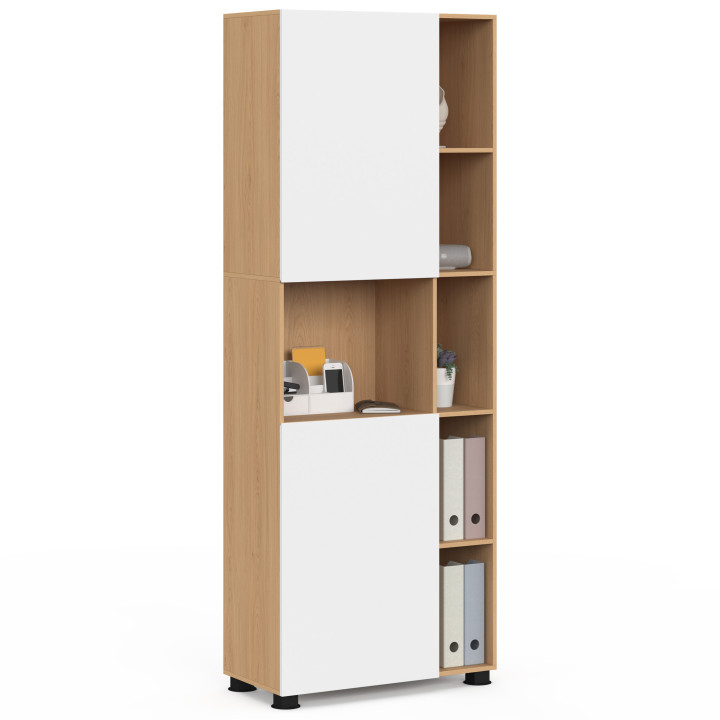 Armario de oficina multifuncional TOMI 190 cm, 2 puertas y nichos, acabado haya y blanco