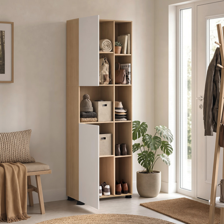 Armario de oficina multifuncional TOMI 190 cm, 2 puertas y nichos, acabado haya y blanco