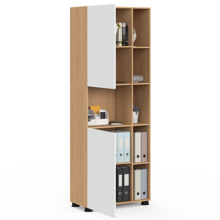 Armario de oficina multifuncional TOMI 190 cm, 2 puertas y nichos, acabado haya y blanco