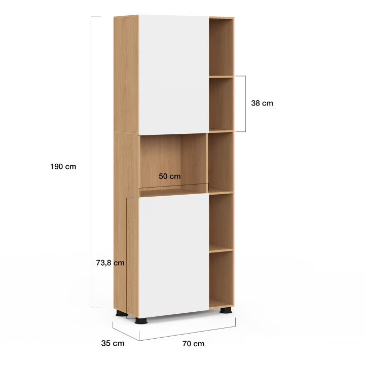Armoire de bureau 190 cm multifonction TOMI 2 portes et niches façon hêtre et blanc