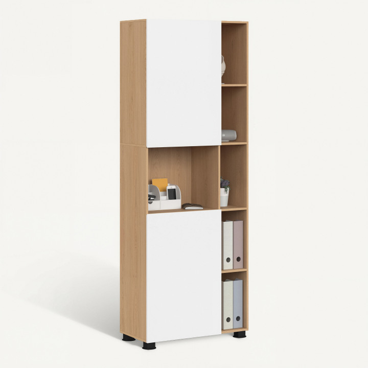 Armario de oficina multifuncional TOMI 190 cm, 2 puertas y nichos, acabado haya y blanco