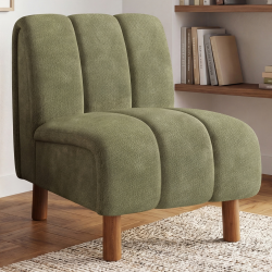 Fauteuil HECTOR tissu chenille vert et pieds arrondis effet noyer