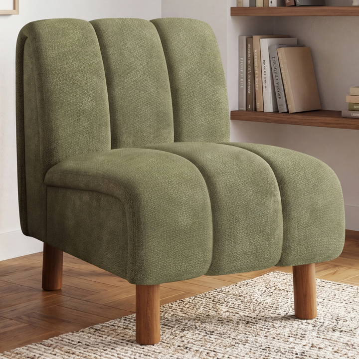 Fauteuil HECTOR tissu chenille vert et pieds arrondis effet noyer