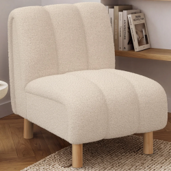 Fauteuil HECTOR tissu bouclette beige et pieds arrondis effet bois