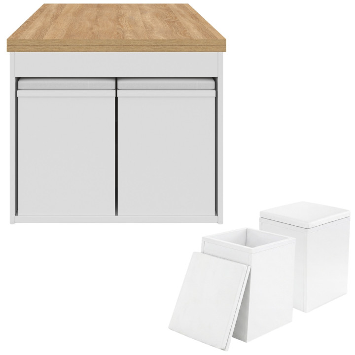 Tavolino con piano sollevabile trasformabile in tavolo da pranzo ELEA 100 cm con 2 poggiapiedi e cassetto, finitura legno bianco
