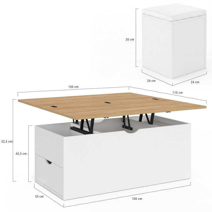 Salontafel met opklapbaar blad om te bouwen tot ELEA 100 cm eettafel met 2 voetenbankjes en lade, afwerking wit hout en beuken