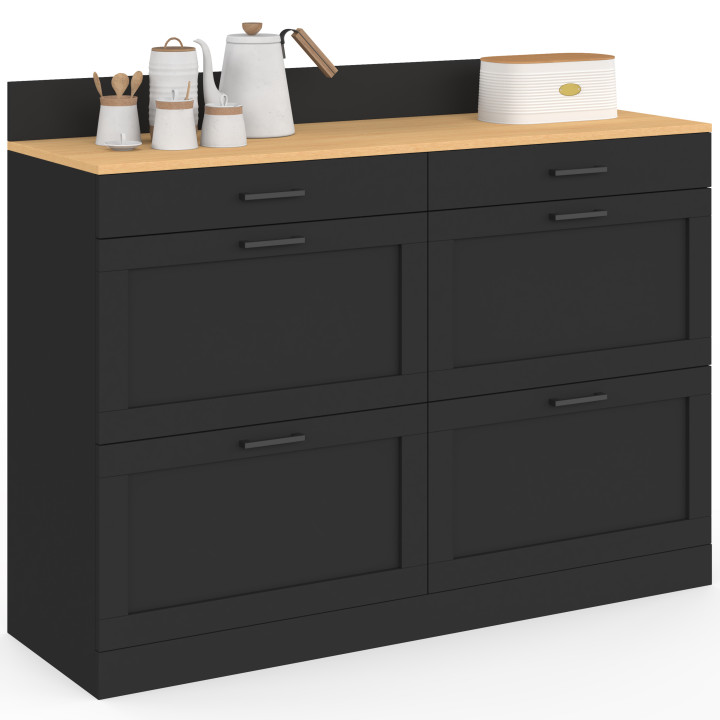Buffet bas double casserolier de cuisine 120 cm VITO plan de travail H. 83 cm 6 tiroirs bois et noir