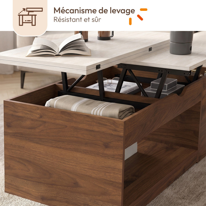 Rechteckiger Couchtisch mit hochklappbarer Platte, umwandelbar in einen Esstisch, Modell ELEA, 100 cm, in Nussbaum-Optik und mit