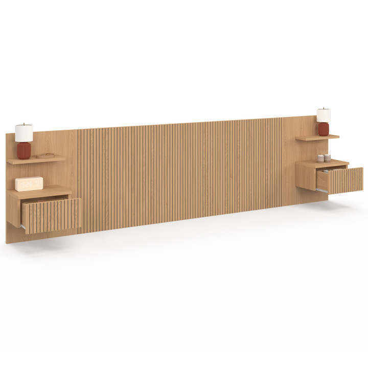 Hangend hoofdeinde JULIETTE 240 cm met nachtkastjes + lade met lattenpatroon en houten latten