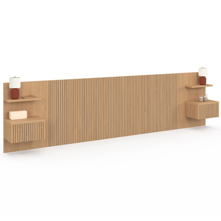 Hangend hoofdeinde JULIETTE 240 cm met nachtkastjes + lade met lattenpatroon en houten latten
