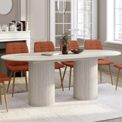 Table à manger extensible ovale JULIETTE  6-10 personnes pieds cylindriques effet lattes et plateau effet travertin 160-200 cm