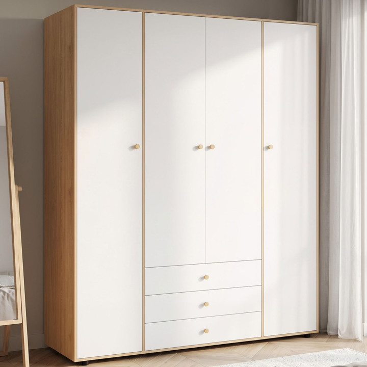 Armoire 4 portes BRUNE blanc et bois penderie 160 cm avec 3 tiroirs centraux et étagères