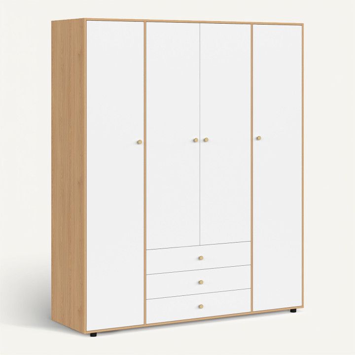 Armadio a 4 ante BRUNE bianco e legno Armadio da 160 cm con 3 cassetti centrali e ripiani