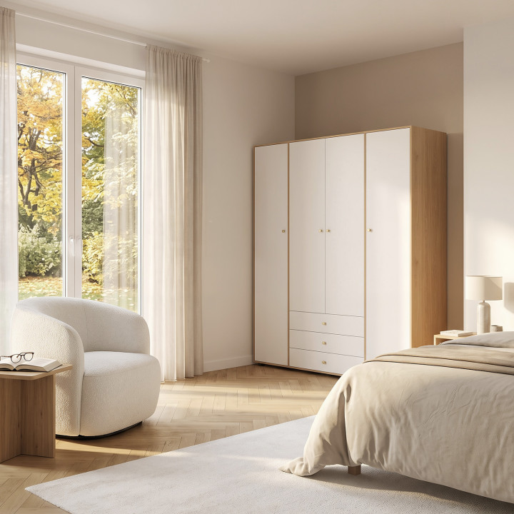 Armario de 4 puertas BRUNE blanco y madera Armario de 160 cm con 3 cajones centrales y estantes