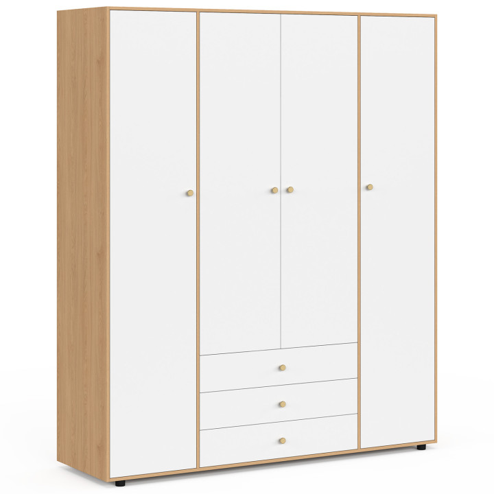 Schrank 4-türig BRUNE weiß und Holz Kleiderschrank 160 cm mit 3 zentralen Schubladen und Regalen