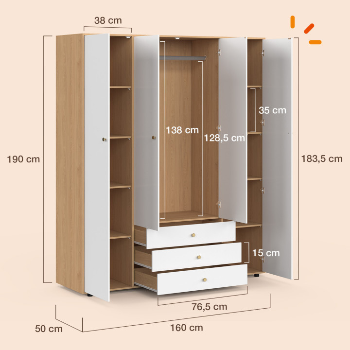 4-deurs kast BRUNE wit en hout 160 cm kast met 3 centrale laden en legplanken