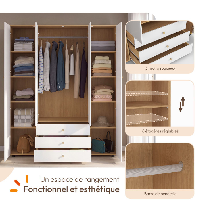 4-deurs kast BRUNE wit en hout 160 cm kast met 3 centrale laden en legplanken