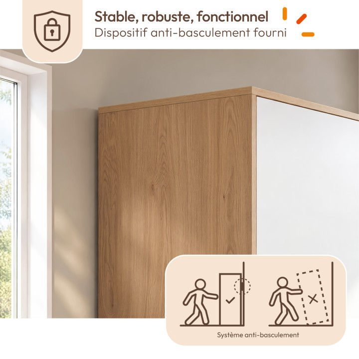 Schrank 4-türig BRUNE weiß und Holz Kleiderschrank 160 cm mit 3 zentralen Schubladen und Regalen