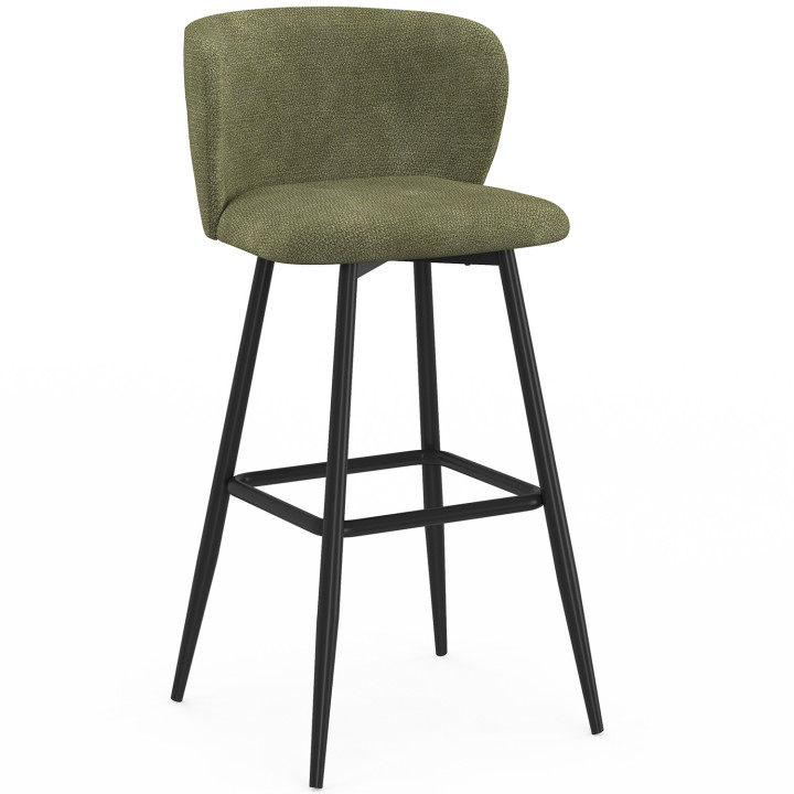 Lot de 4 tabourets de bar FANNY assise en chenille vert kaki et pieds en métal noir