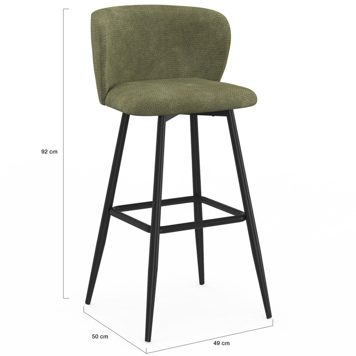 Lot de 4 tabourets de bar FANNY assise en chenille vert kaki et pieds en métal noir
