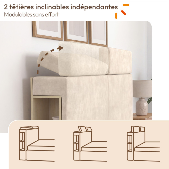 Doppelbett mit Stauraum „BASTIAN“ mit verstellbaren Kopfstützen und Lattenrost 140 x 190 cm, beige Samt