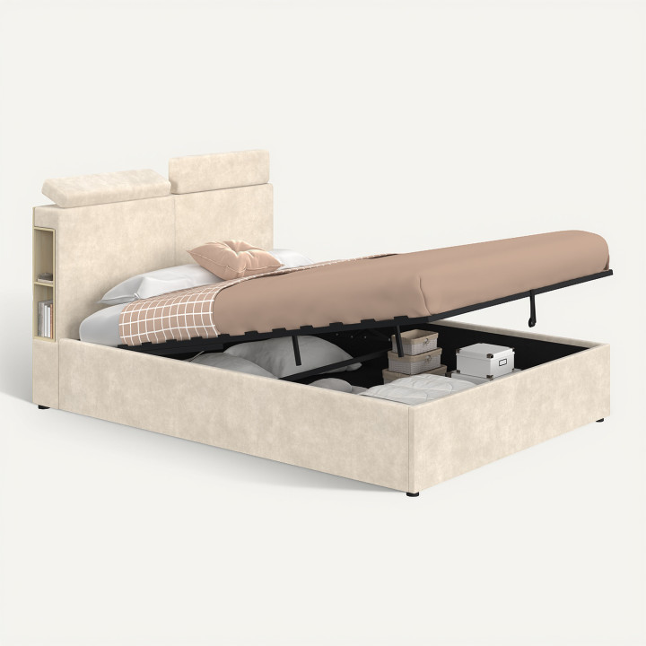 BASTIAN tweepersoons opbergbed met opbergruimte, hoofdeinde met verstelbare hoofdsteunen en lattenbodem van 140 x 190 cm, beige