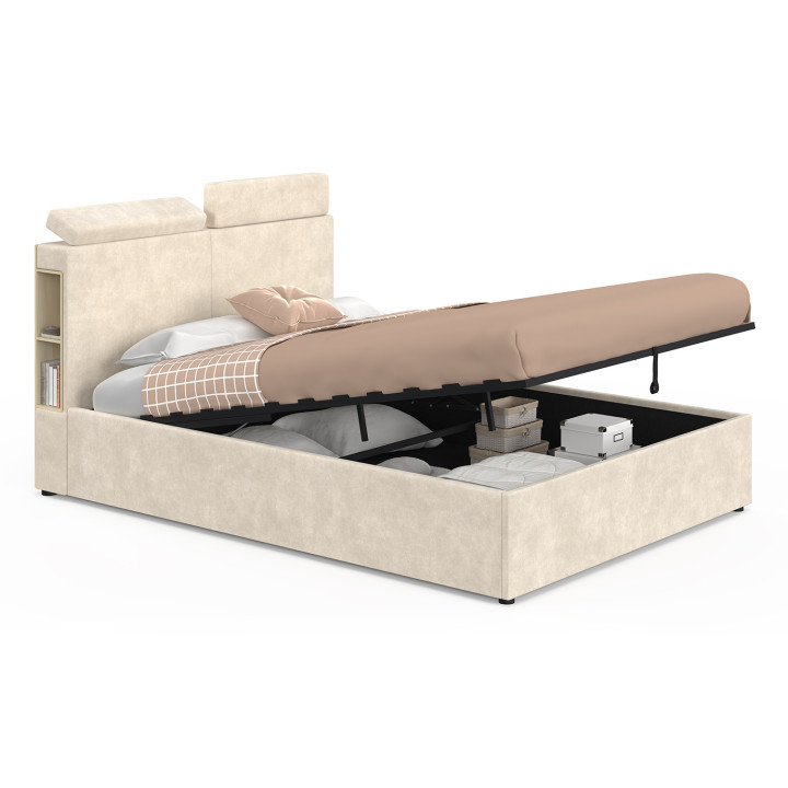 Lit coffre double BASTIAN avec rangements, tête de lit à appuis-tête réglables et sommier 140 x 190 cm velours beige